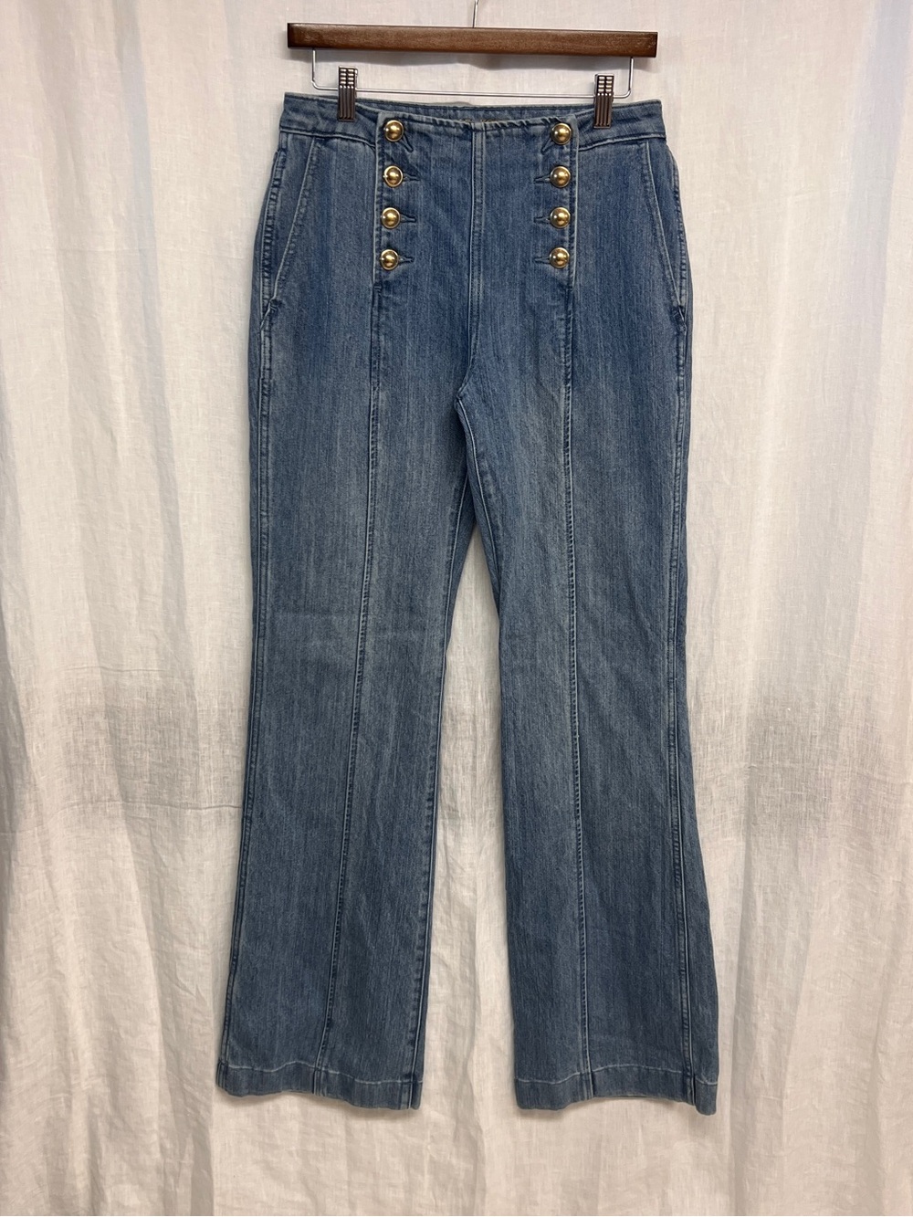Michael Kors Sailor Flare Jeans High Rise Gold Button 70s Nautical Size 6